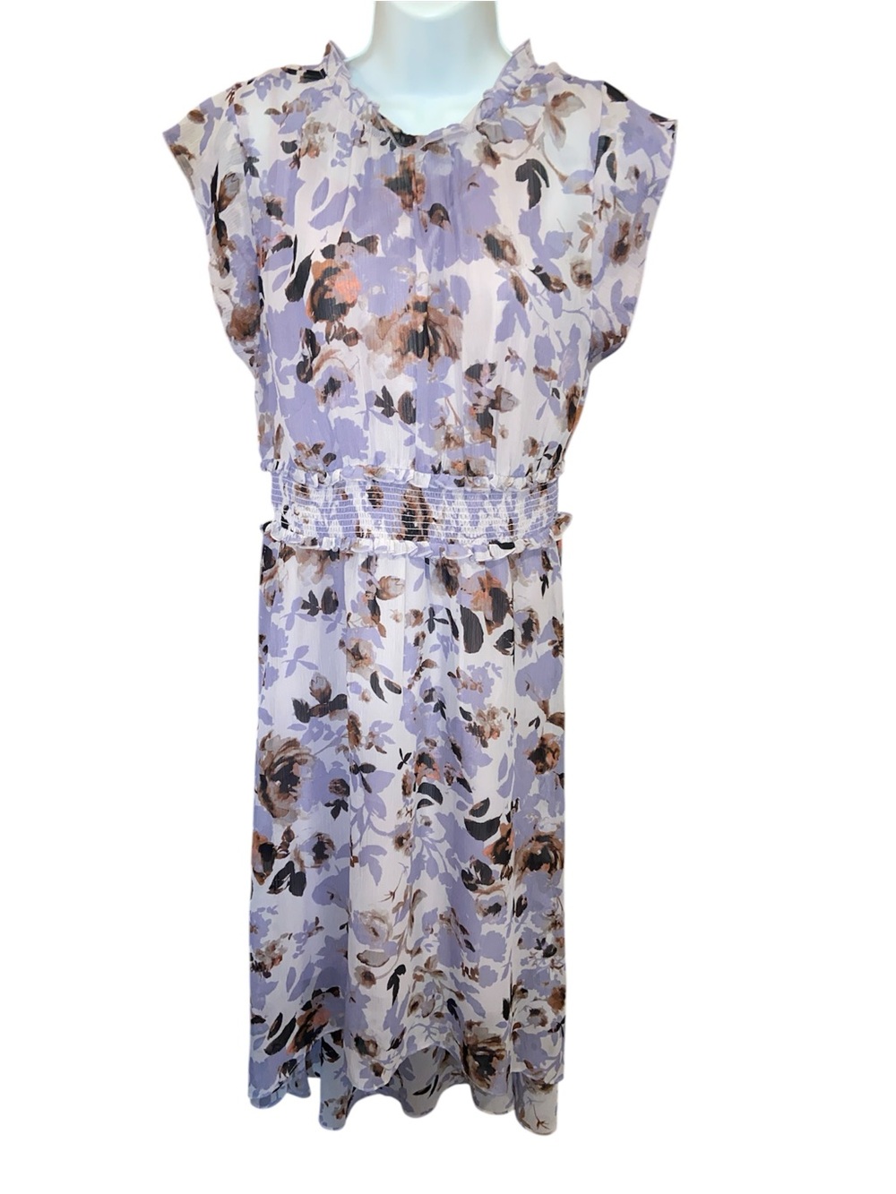 Simply Vera Vera Wang lavender floral midi dress shirred waist hi-lo hemline M L